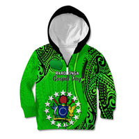 Personalised 25 July Rarotonga Island Gospel Day Kid Hoodie Cook Islands Tribal Pattern LT14 Zip Hoodie Green - Polynesian Pride