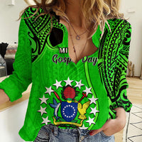 21 July Mitiaro Island Gospel Day Women Casual Shirt Cook Islands Tribal Pattern LT14 Female Green - Polynesian Pride
