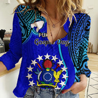 8 December Pukapuka Island Gospel Day Women Casual Shirt Cook Islands Tribal Pattern LT14 Female Blue - Polynesian Pride