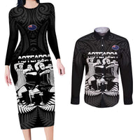 New Zealand Silver Fern Rugby Couples Matching Long Sleeve Bodycon Dress and Long Sleeve Button Shirt Haka Dance With Aotearoa Maori Pattern LT14 Black - Polynesian Pride