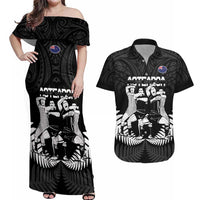 New Zealand Silver Fern Rugby Couples Matching Off Shoulder Maxi Dress and Hawaiian Shirt Haka Dance With Aotearoa Maori Pattern LT14 Black - Polynesian Pride