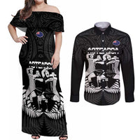 New Zealand Silver Fern Rugby Couples Matching Off Shoulder Maxi Dress and Long Sleeve Button Shirt Haka Dance With Aotearoa Maori Pattern LT14 Black - Polynesian Pride