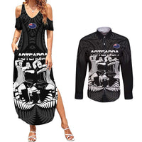 New Zealand Silver Fern Rugby Couples Matching Summer Maxi Dress and Long Sleeve Button Shirt Haka Dance With Aotearoa Maori Pattern LT14 Black - Polynesian Pride