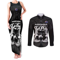 New Zealand Silver Fern Rugby Couples Matching Tank Maxi Dress and Long Sleeve Button Shirt Haka Dance With Aotearoa Maori Pattern LT14 Black - Polynesian Pride