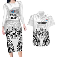 Fiji Tapa Rugby Couples Matching Long Sleeve Bodycon Dress and Hawaiian Shirt Cibi Dance With Fijian Pattern LT14 White - Polynesian Pride