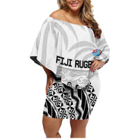 Fiji Tapa Rugby Family Matching Off Shoulder Short Dress and Hawaiian Shirt Cibi Dance With Fijian Pattern LT14 Mom's Dress White - Polynesian Pride