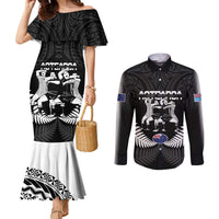 New Zealand And Fiji Tapa Rugby Couples Matching Mermaid Dress and Long Sleeve Button Shirt Haka Dance Mix Cibi Dance Together LT14 Black - Polynesian Pride