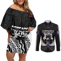 New Zealand And Fiji Tapa Rugby Couples Matching Off Shoulder Short Dress and Long Sleeve Button Shirt Haka Dance Mix Cibi Dance Together LT14 Black - Polynesian Pride