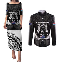 New Zealand And Fiji Tapa Rugby Couples Matching Puletasi and Long Sleeve Button Shirt Haka Dance Mix Cibi Dance Together LT14 Black - Polynesian Pride