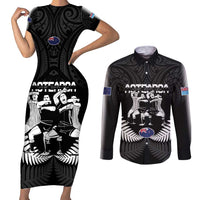 New Zealand And Fiji Tapa Rugby Couples Matching Short Sleeve Bodycon Dress and Long Sleeve Button Shirt Haka Dance Mix Cibi Dance Together LT14 Black - Polynesian Pride