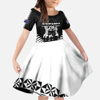 New Zealand And Fiji Tapa Rugby Kid Short Sleeve Dress Haka Dance Mix Cibi Dance Together LT14 KID Black - Polynesian Pride