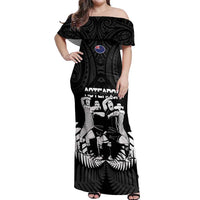 New Zealand And Fiji Tapa Rugby Off Shoulder Maxi Dress Haka Dance Mix Cibi Dance Together LT14 Women Black - Polynesian Pride