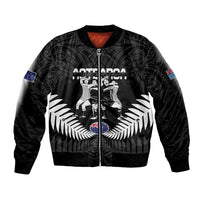 New Zealand And Fiji Tapa Rugby Sleeve Zip Bomber Jacket Haka Dance Mix Cibi Dance Together LT14 Unisex Black - Polynesian Pride