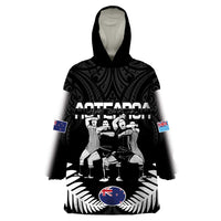 New Zealand And Fiji Tapa Rugby Wearable Blanket Hoodie Haka Dance Mix Cibi Dance Together LT14 One Size Black - Polynesian Pride