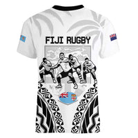 New Zealand And Fiji Tapa Rugby Women V-Neck T-Shirt Haka Dance Mix Cibi Dance Together LT14 - Polynesian Pride