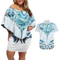 New Zealand Manta Ray Tattoo Couples Matching Off Shoulder Short Dress and Hawaiian Shirt Aotearoa Maori Haehae Paua Shell LT14 White - Polynesian Pride