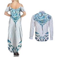 New Zealand Manta Ray Tattoo Couples Matching Summer Maxi Dress and Long Sleeve Button Shirt Aotearoa Maori Haehae Paua Shell LT14 - Polynesian Pride