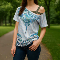 New Zealand Manta Ray Tattoo Cross Shoulder Shirt Aotearoa Maori Haehae Paua Shell LT14 - Polynesian Pride