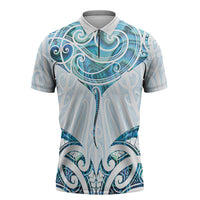 New Zealand Manta Ray Tattoo Zipper Polo Shirt Aotearoa Maori Haehae Paua Shell LT14 White - Polynesian Pride