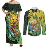 Hawaii Surfing Mango Couples Matching Off Shoulder Maxi Dress and Long Sleeve Button Shirt Manako Polynesian Fish Hook LT14 Green - Polynesian Pride