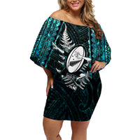 New Zealand Silver Fern Rugby Family Matching Off Shoulder Short Dress and Hawaiian Shirt Aotearoa All Black Dabbing Ball With Maori Paua Shell LT14 Mom's Dress Turquoise - Polynesian Pride
