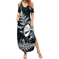 Custom New Zealand Silver Fern Rugby Family Matching Summer Maxi Dress and Hawaiian Shirt Aotearoa All Black Dabbing Ball With Maori Paua Shell LT14 Mom's Dress Turquoise - Polynesian Pride