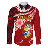 Custom Tonga Rugby Family Matching Puletasi Dress and Hawaiian Shirt Ikale Tahi Tongan Ngatu Pattern With Dabbing Ball LT14 Dad's Shirt - Long Sleeve Red - Polynesian Pride