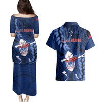Samoa Rugby Couples Matching Puletasi Dress and Hawaiian Shirt Manu Samoa Ula Fala Dabbing Ball Polynesian Blue Version LT14 - Polynesian Pride