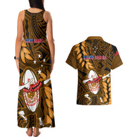 Samoa Rugby Couples Matching Tank Maxi Dress and Hawaiian Shirt Manu Samoa Ula Fala Dabbing Ball Polynesian Gold Version LT14 - Polynesian Pride