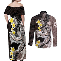 Brown and Black Hawaii Shark Tattoo Couples Matching Off Shoulder Maxi Dress and Long Sleeve Button Shirt Puakenikeni Lei Plumeria Polynesian Pattern LT14 - Polynesian Pride