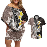 Brown and Black Hawaii Shark Tattoo Couples Matching Off Shoulder Short Dress and Hawaiian Shirt Puakenikeni Lei Plumeria Polynesian Pattern LT14 Black - Polynesian Pride
