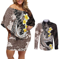 Brown and Black Hawaii Shark Tattoo Couples Matching Off Shoulder Short Dress and Long Sleeve Button Shirt Puakenikeni Lei Plumeria Polynesian Pattern LT14 Black - Polynesian Pride