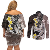 Brown and Black Hawaii Shark Tattoo Couples Matching Off Shoulder Short Dress and Long Sleeve Button Shirt Puakenikeni Lei Plumeria Polynesian Pattern LT14 - Polynesian Pride