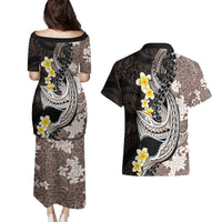Brown and Black Hawaii Shark Tattoo Couples Matching Puletasi and Hawaiian Shirt Puakenikeni Lei Plumeria Polynesian Pattern LT14 - Polynesian Pride