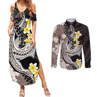 Brown and Black Hawaii Shark Tattoo Couples Matching Summer Maxi Dress and Long Sleeve Button Shirt Puakenikeni Lei Plumeria Polynesian Pattern LT14 Black - Polynesian Pride