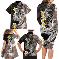 Brown and Black Hawaii Shark Tattoo Family Matching Long Sleeve Bodycon Dress and Hawaiian Shirt Puakenikeni Lei Plumeria Polynesian Pattern LT14 - Polynesian Pride