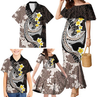 Brown and Black Hawaii Shark Tattoo Family Matching Mermaid Dress and Hawaiian Shirt Puakenikeni Lei Plumeria Polynesian Pattern LT14 - Polynesian Pride