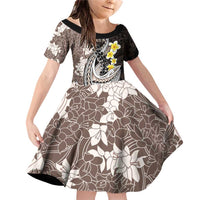 Brown and Black Hawaii Shark Tattoo Family Matching Off Shoulder Short Dress and Hawaiian Shirt Puakenikeni Lei Plumeria Polynesian Pattern LT14 Daughter's Dress Black - Polynesian Pride