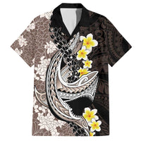 Brown and Black Hawaii Shark Tattoo Family Matching Puletasi and Hawaiian Shirt Puakenikeni Lei Plumeria Polynesian Pattern LT14 Dad's Shirt - Short Sleeve Black - Polynesian Pride