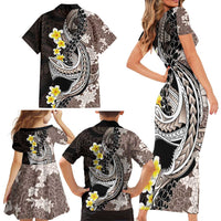 Brown and Black Hawaii Shark Tattoo Family Matching Short Sleeve Bodycon Dress and Hawaiian Shirt Puakenikeni Lei Plumeria Polynesian Pattern LT14 - Polynesian Pride