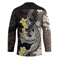 Brown and Black Hawaii Shark Tattoo Hockey Jersey Puakenikeni Lei Plumeria Polynesian Pattern LT14 - Polynesian Pride