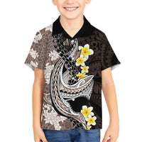 Brown and Black Hawaii Shark Tattoo Kid Hawaiian Shirt Puakenikeni Lei Plumeria Polynesian Pattern LT14 Kid Black - Polynesian Pride