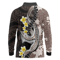 Brown and Black Hawaii Shark Tattoo Long Sleeve Polo Shirt Puakenikeni Lei Plumeria Polynesian Pattern LT14 - Polynesian Pride