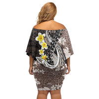 Brown and Black Hawaii Shark Tattoo Off Shoulder Short Dress Puakenikeni Lei Plumeria Polynesian Pattern LT14 - Polynesian Pride