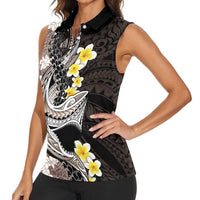 Brown and Black Hawaii Shark Tattoo Women Sleeveless Polo Shirt Puakenikeni Lei Plumeria Polynesian Pattern LT14 - Polynesian Pride