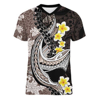 Brown and Black Hawaii Shark Tattoo Women V-Neck T-Shirt Puakenikeni Lei Plumeria Polynesian Pattern LT14 Female Black - Polynesian Pride