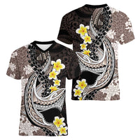 Brown and Black Hawaii Shark Tattoo Women V-Neck T-Shirt Puakenikeni Lei Plumeria Polynesian Pattern LT14 - Polynesian Pride