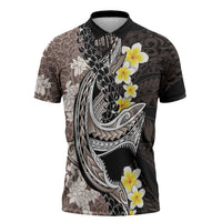 Brown and Black Hawaii Shark Tattoo Zipper Polo Shirt Puakenikeni Lei Plumeria Polynesian Pattern LT14 Black - Polynesian Pride