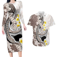Brown and White Hawaii Shark Tattoo Couples Matching Long Sleeve Bodycon Dress and Hawaiian Shirt Puakenikeni Lei Plumeria Polynesian Pattern LT14 White - Polynesian Pride