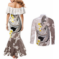 Brown and White Hawaii Shark Tattoo Couples Matching Mermaid Dress and Long Sleeve Button Shirt Puakenikeni Lei Plumeria Polynesian Pattern LT14 - Polynesian Pride